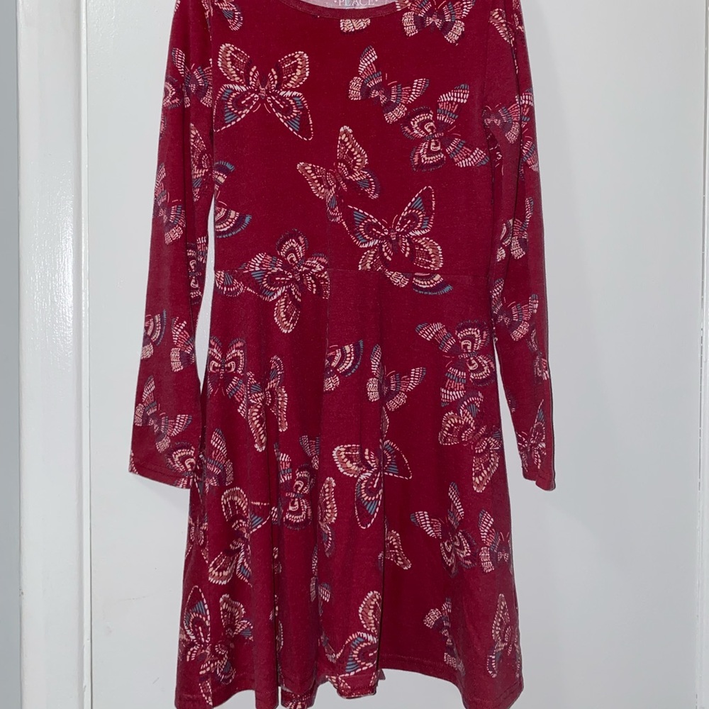 Girls’ Long Sleeve Red Dress W/ Butterflies